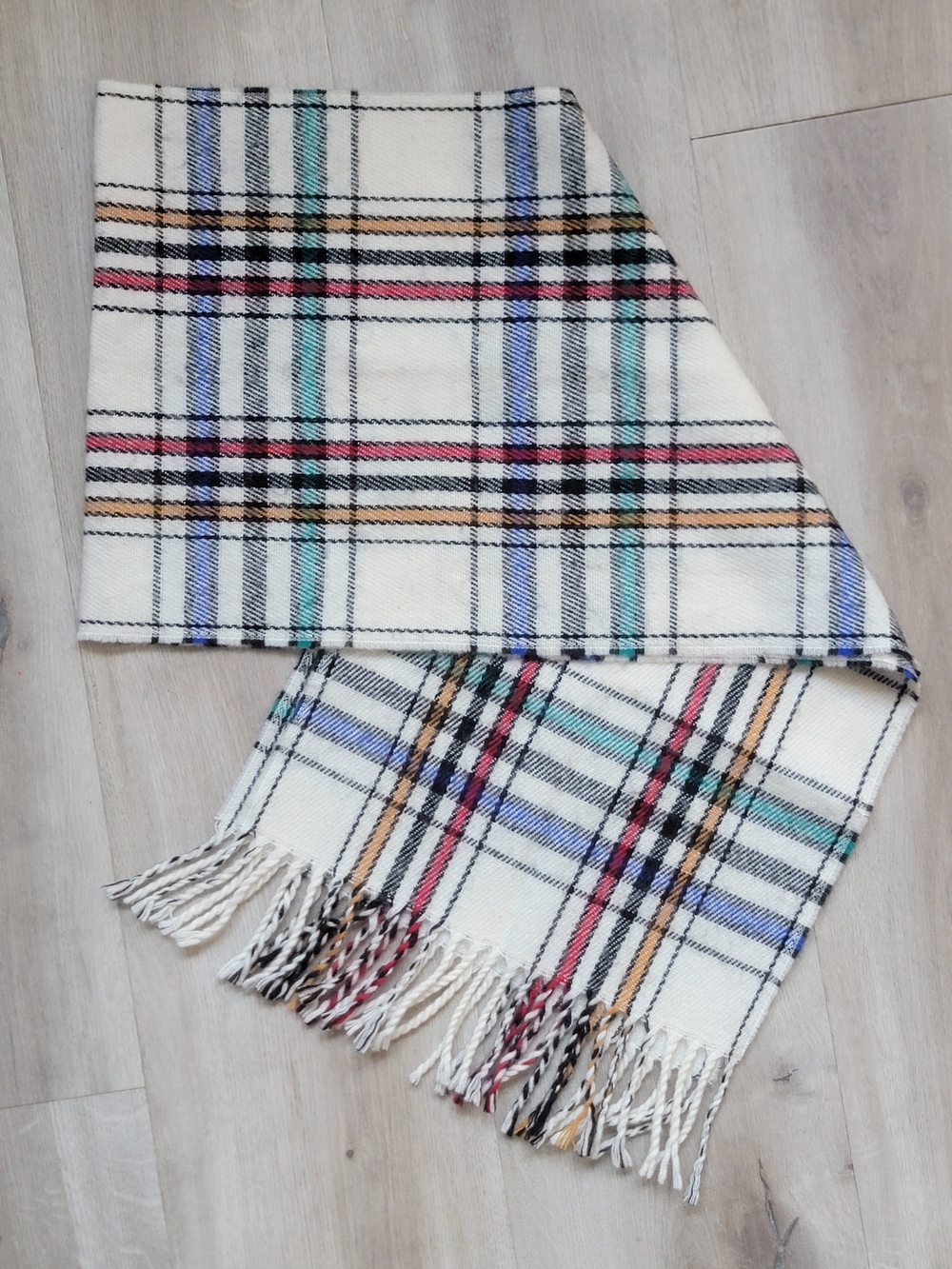 Vintage Beacon Hill Cream Plaid Scarf Made in Japan 52"